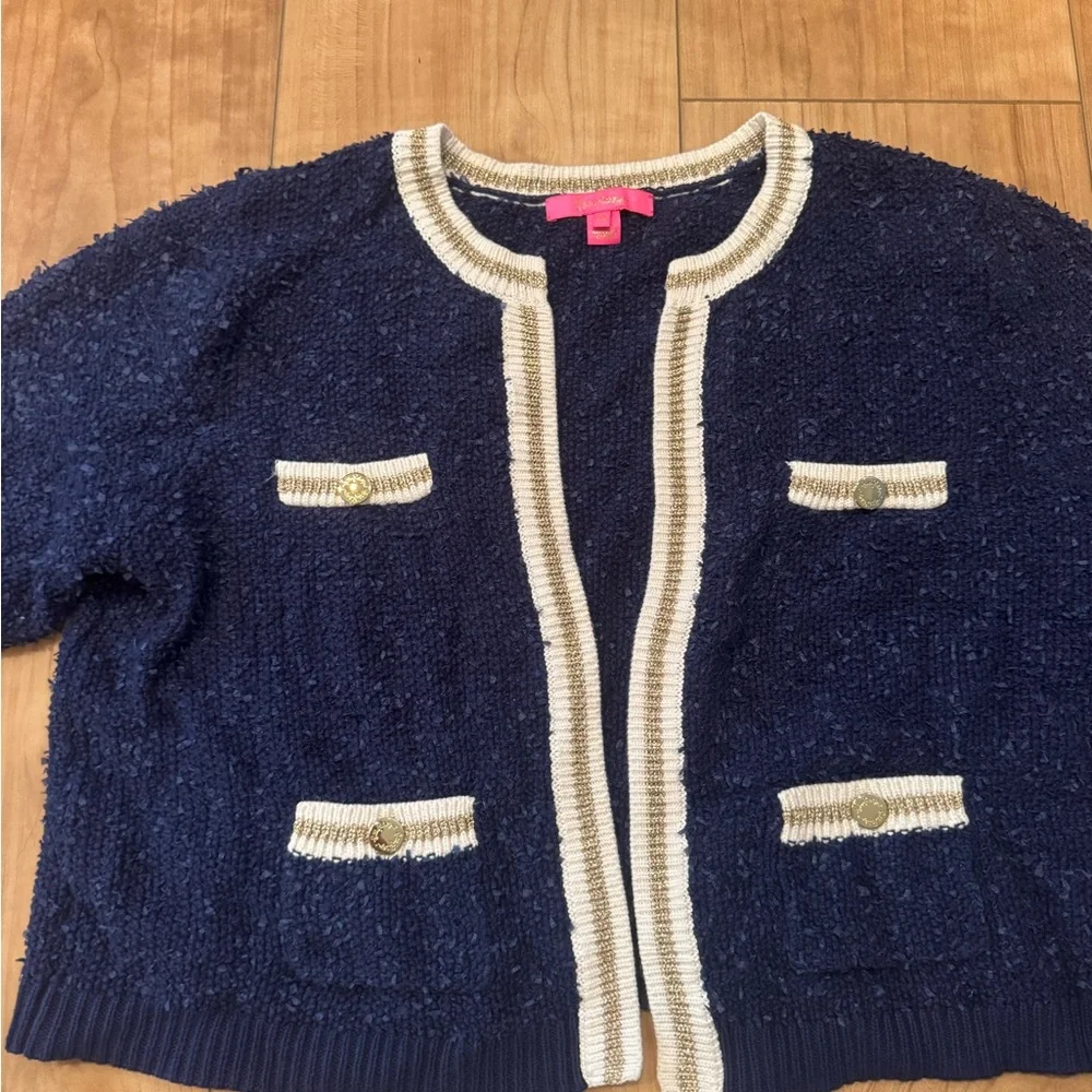 XL Lilly Pulitzer Navy and Cream Cardigan - Picture 4 of 6